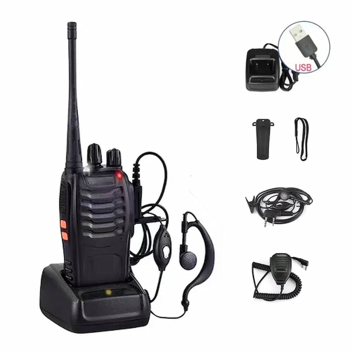 Packung mit 4 tragbaren Walkie Talkies mit USB-Ladegerät, Headset und Mikrofon