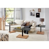 thumbnail of Vierhaus Couchtisch Platte Parsolglas grau, stufenlos höhenverstellbar, Metallteile schwarz, Bodenplatte Wildeiche Massiv geölt, rollbar