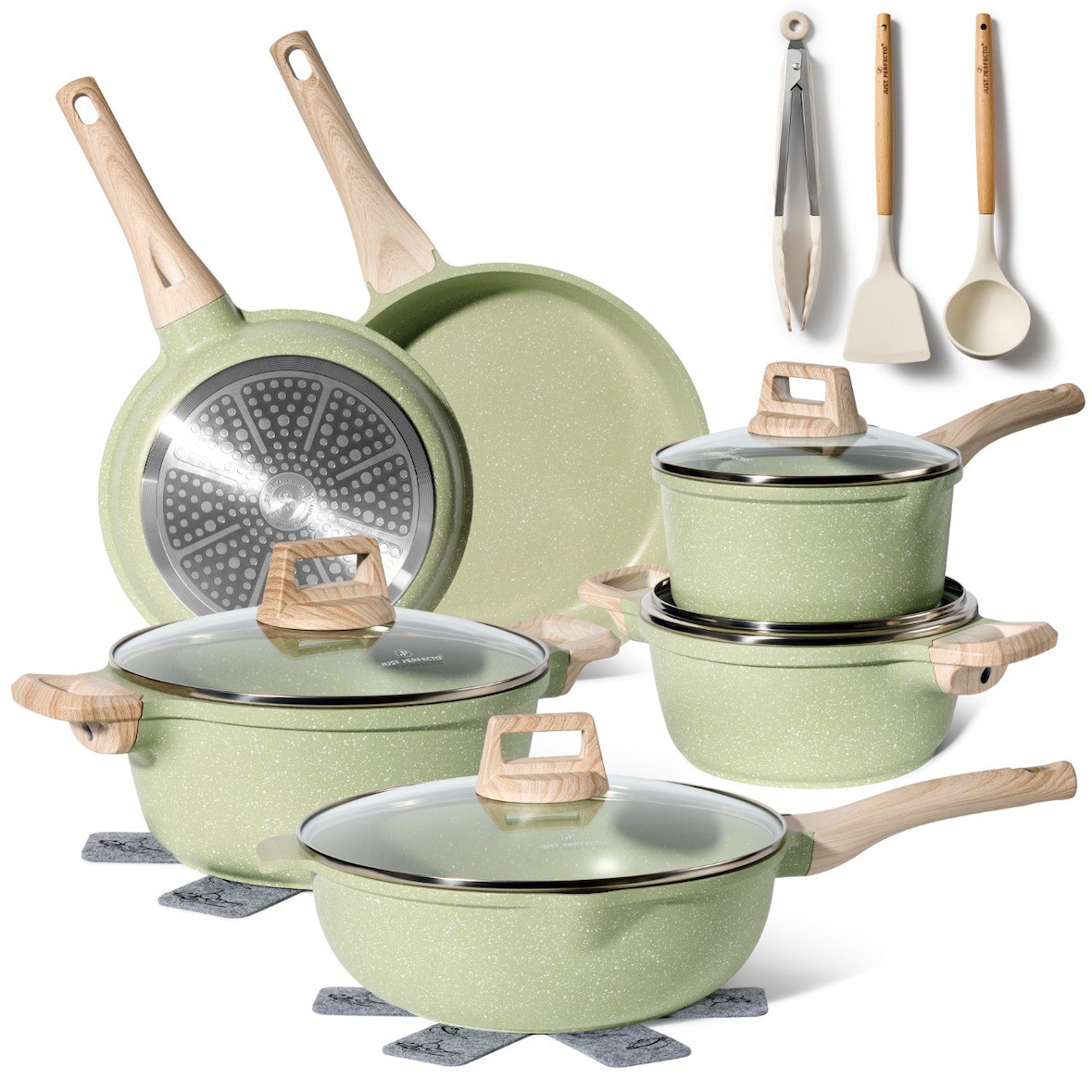 Batterie de cuisine 15 pièces Antiadhésif en Granit vert - Tous feux dont induction Just perfecto JL-787 usage non-intensif Just Perfecto