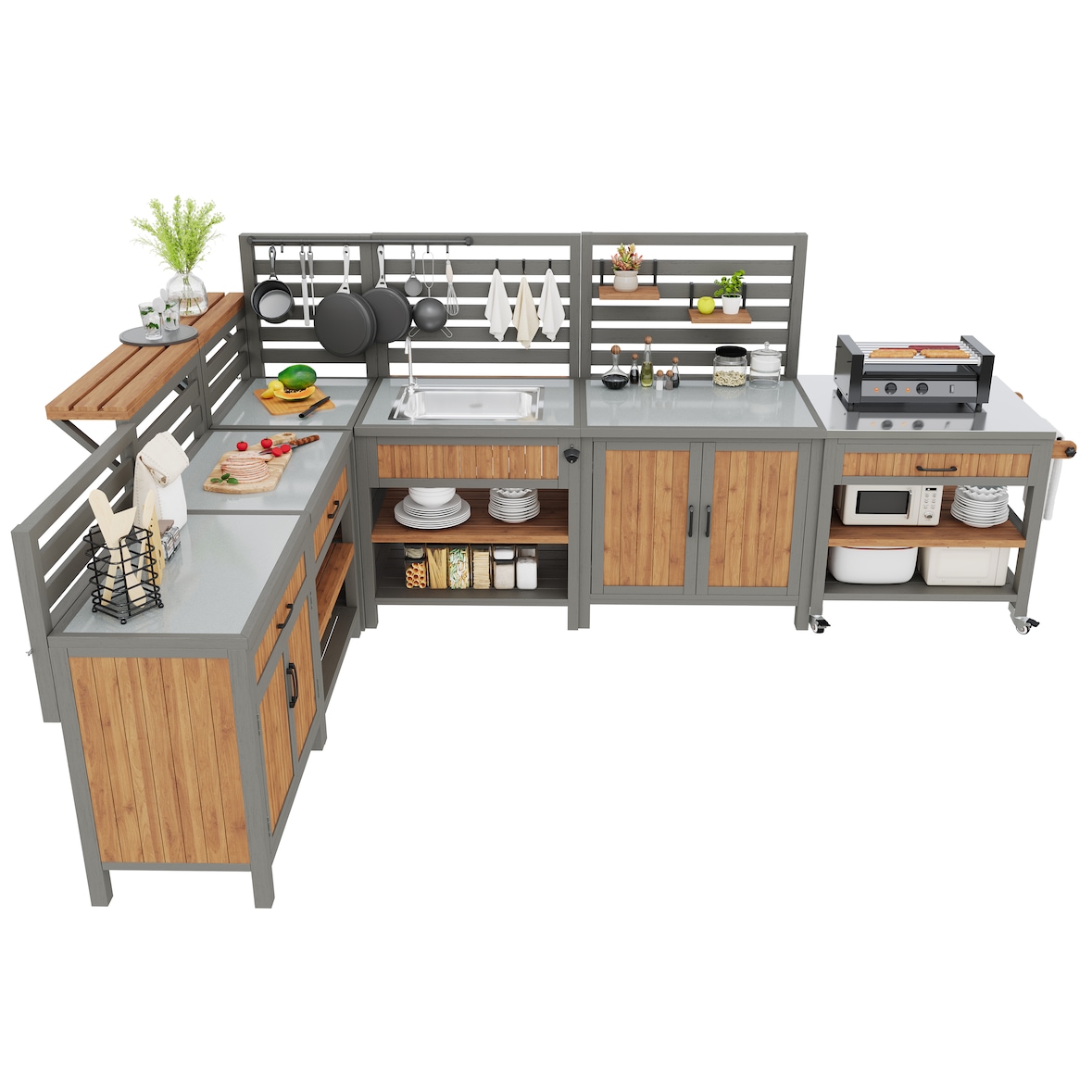 Merax Outdoor Küchenschrank L-Form, wetterfest, mit Spüle & Wasserhahn, Edelstahl-Arbeitsplatte, BBQ Grillstation mit Stauraum & Flaschenöffner, Grau