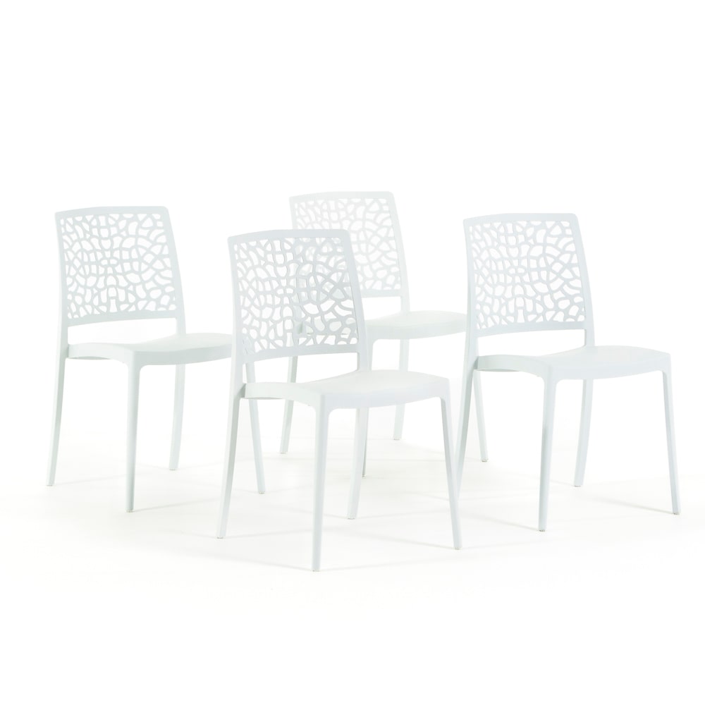 Set van 4 stapelbare stoelen van polypropyleen met glasvezel, voor tuin of binnengebruik, waterafstotend en duurzaam, modern design – ALINA – Wit