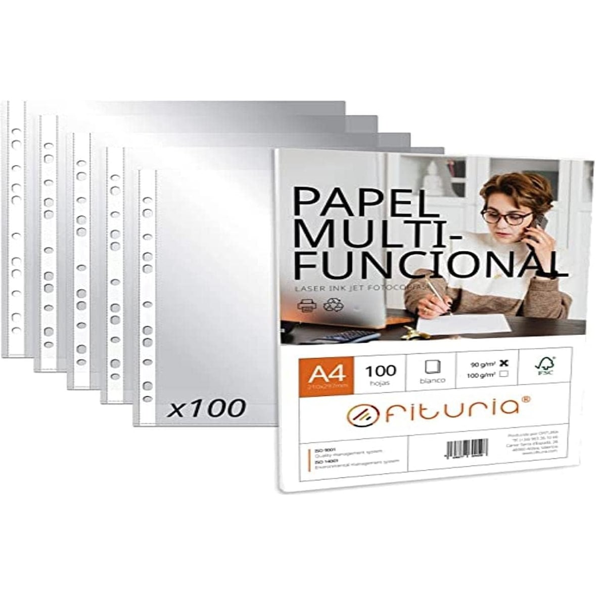 Fundas Plástico A4 Transparente: 100 Fundas Multitaladro Plástico para Folios + Paquete de Folios A4 con 100 Hojas de 90gr Multiusos - Ofituria