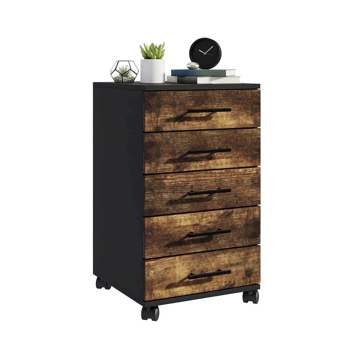 Relaxdays Rollcontainer, 5 Schubladen, HxBxT: 69 x 40 x 40 cm, Aktenschrank auf Rollen, Bürocontainer, schwarz/braun