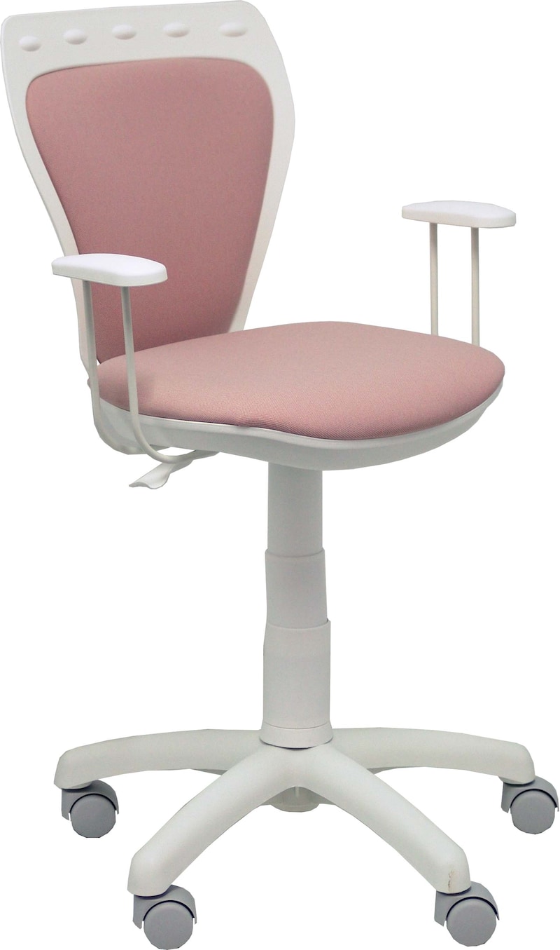 Uma cadeira de escritório rosa com detalhes brancos.