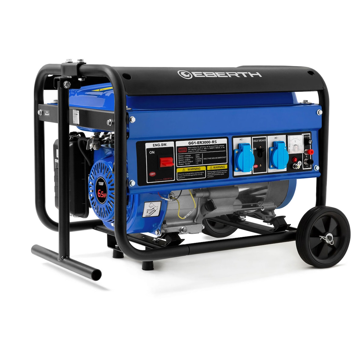 EBERTH 3000 Watt noodstroomaggregaat Stroomgenerator Stroomaggregaat met onderstel, 6,5 pk benzinemotor, 4-takt, 1-fase, 2x 230V, 1x 12V