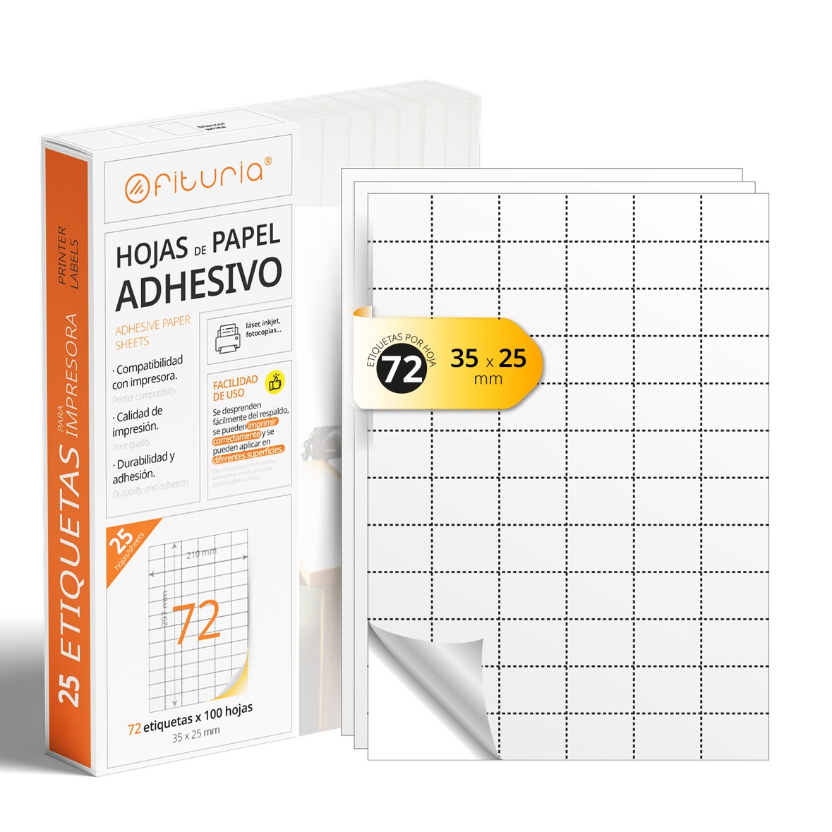 Folios A4 de Etiquetas Adhesivas Blancas, Crea tus Pegatinas Personalizadas, Etiqueta Adhesiva para Imprimir - Ofituria (72 por hoja, 25h)