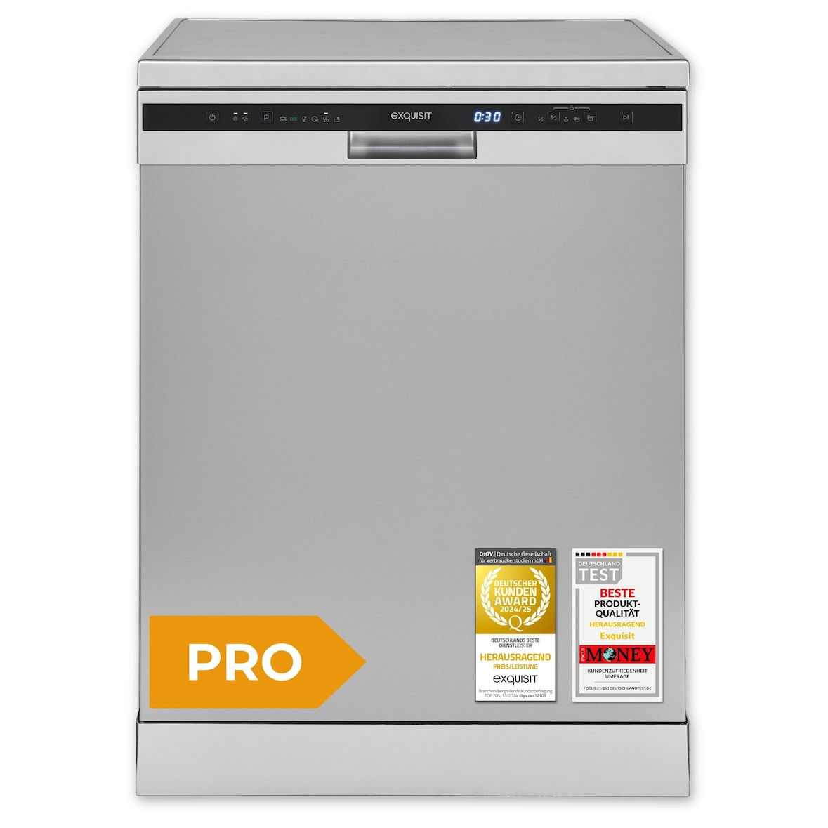 Exquisit PRO Geschirrspüler 60 cm, Unterbaufähig, EEK: C, 14 Maßgedecke, Besteckschublade, Automatische Türöffnung, 11 Liter, GSP56314-030C silber