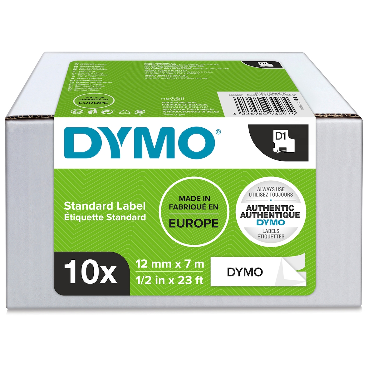 DYMO Cinta de escritura D1 original para etiquetadora, paquete económico de 10 unidades 12mm de ancho 7m de largo negro sobre blanco 2093097