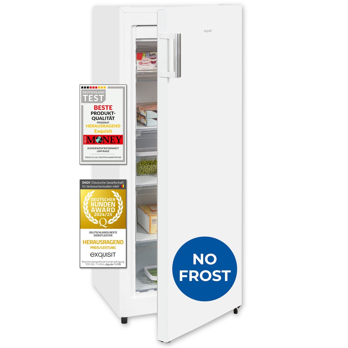 Exquisit Gefrierschrank NoFrost, Tiefkühlschrank groß, 155 Liter, Schnellgefrieren, Alarm-Funktion, GS5231-NF-H-010E weiss