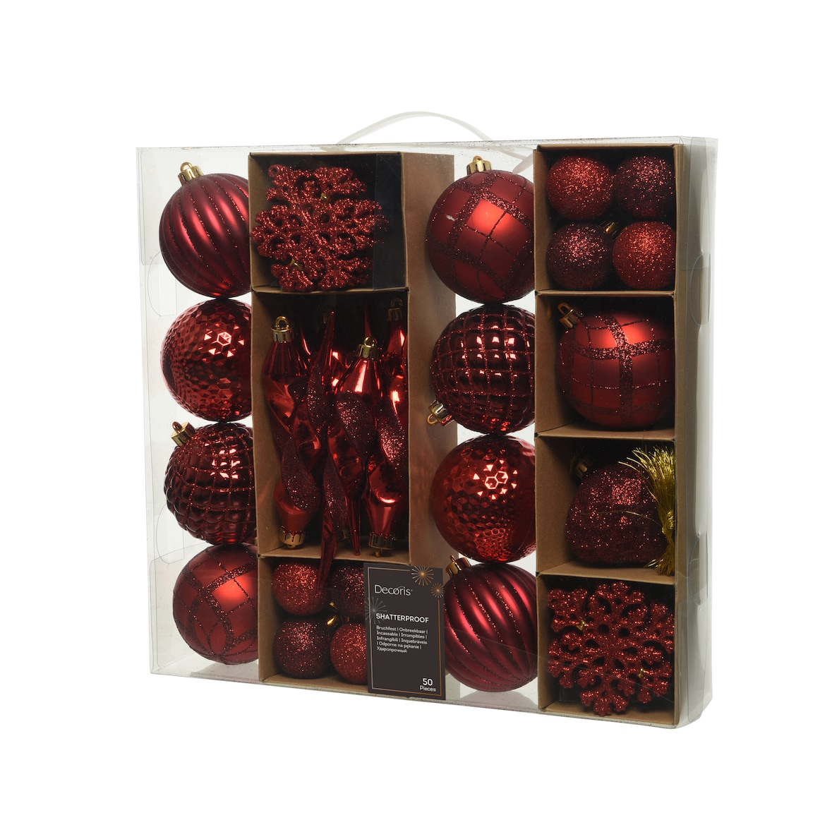 Decoris 029586 Kerstornament Mix box kunststof 8 cm Set van 50 stuks