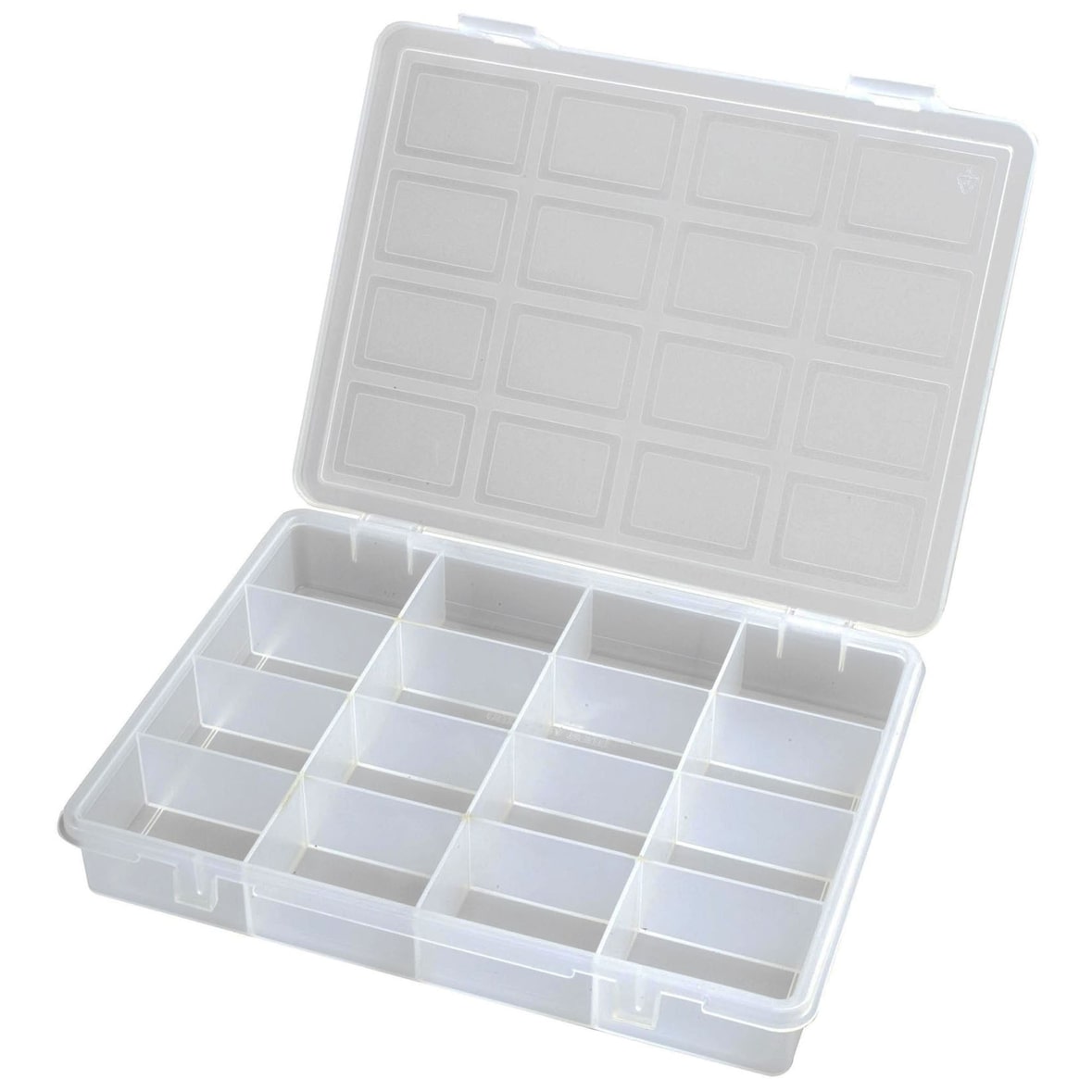 Organizador de plástico transparente con 16 compartimentos L242xP188xH37 mm.
