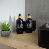 thumbnail of Intirilife 3-teiliges Seifenspender Set aus Glas in Schwarz mit Bambus Tablett - 500 ml Füllmenge - 17.5 x 8.8 x 20.6 cm - 2 Spender für Seife