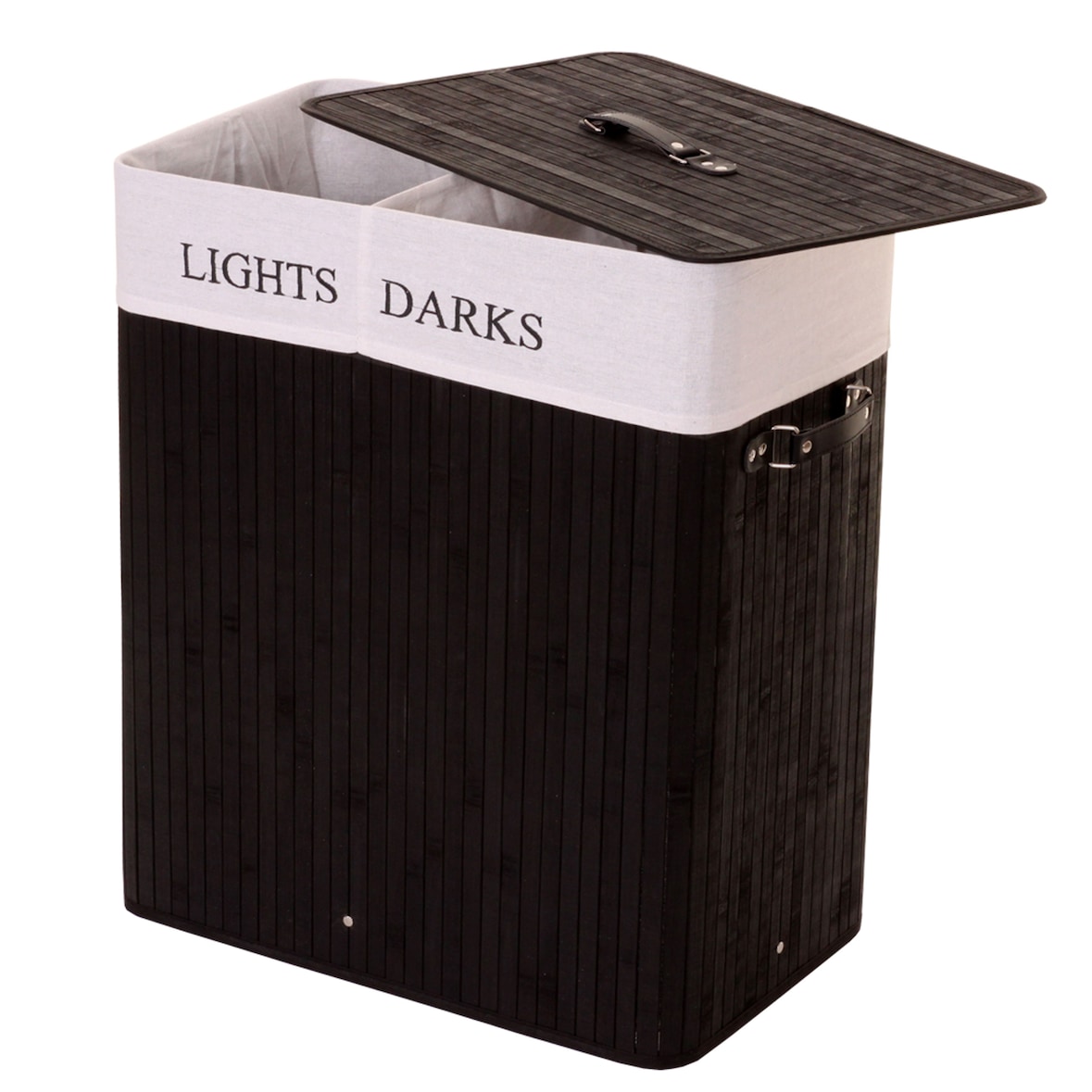 Cesto portabiancheria HWC-C21, Cassetta portabiancheria Cesto portabiancheria, bambù 2 scomparti 63x55x34cm 100l ~ nero