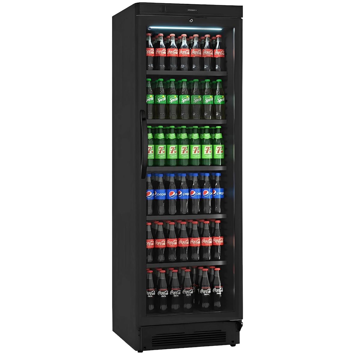 Nevera expositora vertical profesional negra 358 litros con puerta de cristal para hostelería. Frigorífico expositor refrigerado para bebidas.