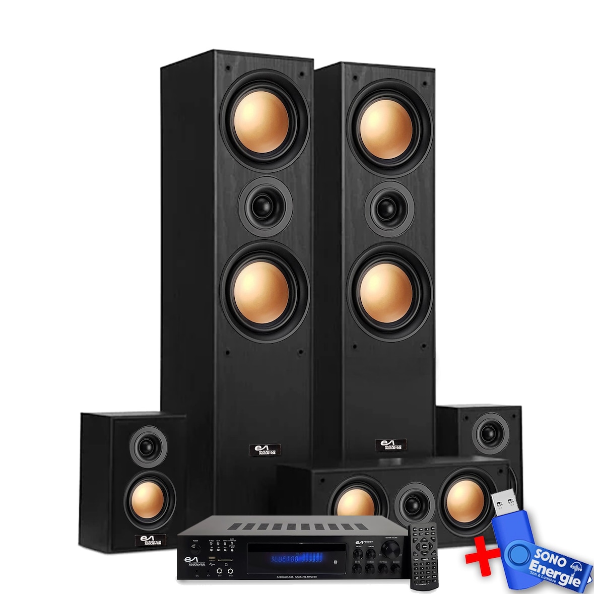 Ensemble Home-Cinéma - Evidence Acoustics EA950-PG - 5 enceintes 850W Ampli 5.2, USB BT FM - 4 x75W, 3 x20W+ Clé USB 32G