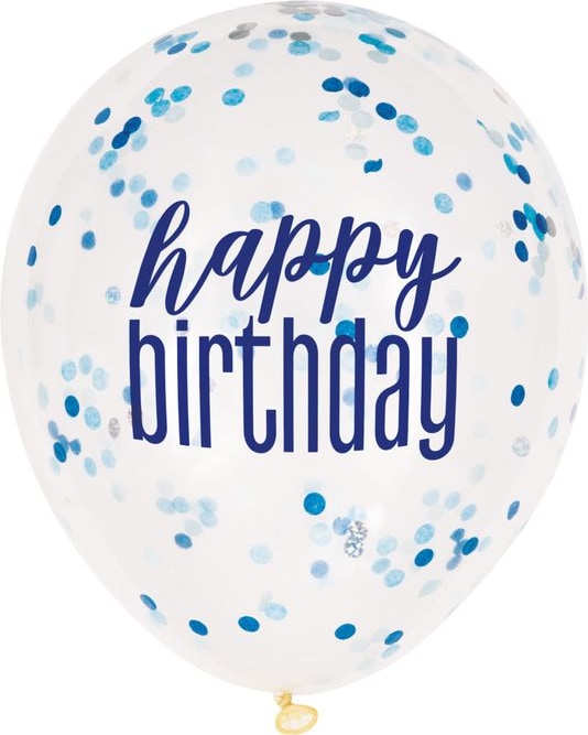 6 Konfetti Luftballons blau & silber Happy Birthday