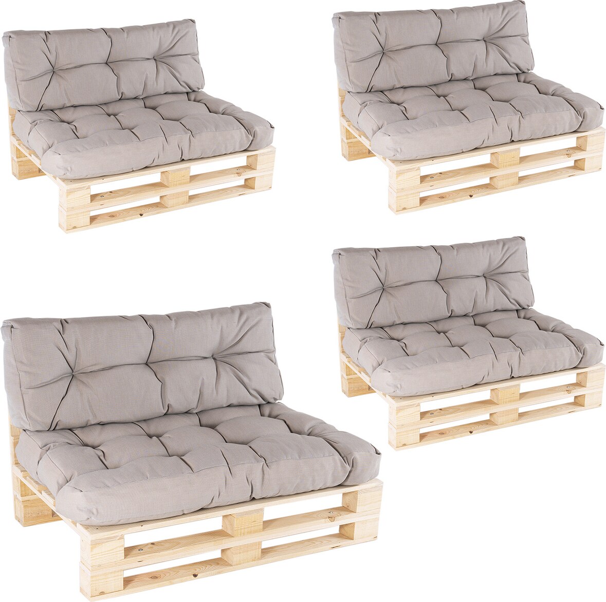 Pack 4 sofás para palets + 4 cojín de asiento 80x120x16 cm + 4 cojín respaldo 42x120x16 cm, Lux Color Cappuccino, Repelente al agua