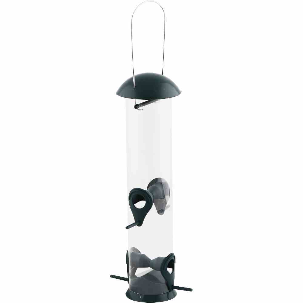 Futterspender 38 cm, Gehäuse aus Kunststoff  in transparent, Dach aus Kunststoff  in grün, Aufhänger aus Edelstahl in silber