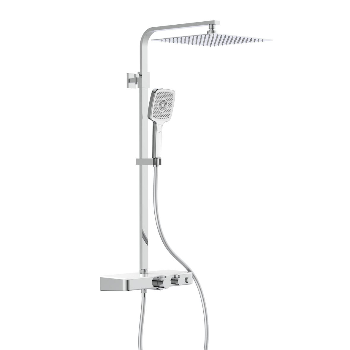 Duschsystem OCEAN, Edelstahl Regendusche mit Thermostat und Ablage, Handbrause mit 3 Funktionen, Duschbrause Chrom/Weiß