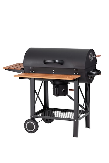 Tarrington House Barbacoa de carbón Louisiana, superficie de asado 71 x 35 cm, estantes laterales abatibles, móvil, acero/madera, negro