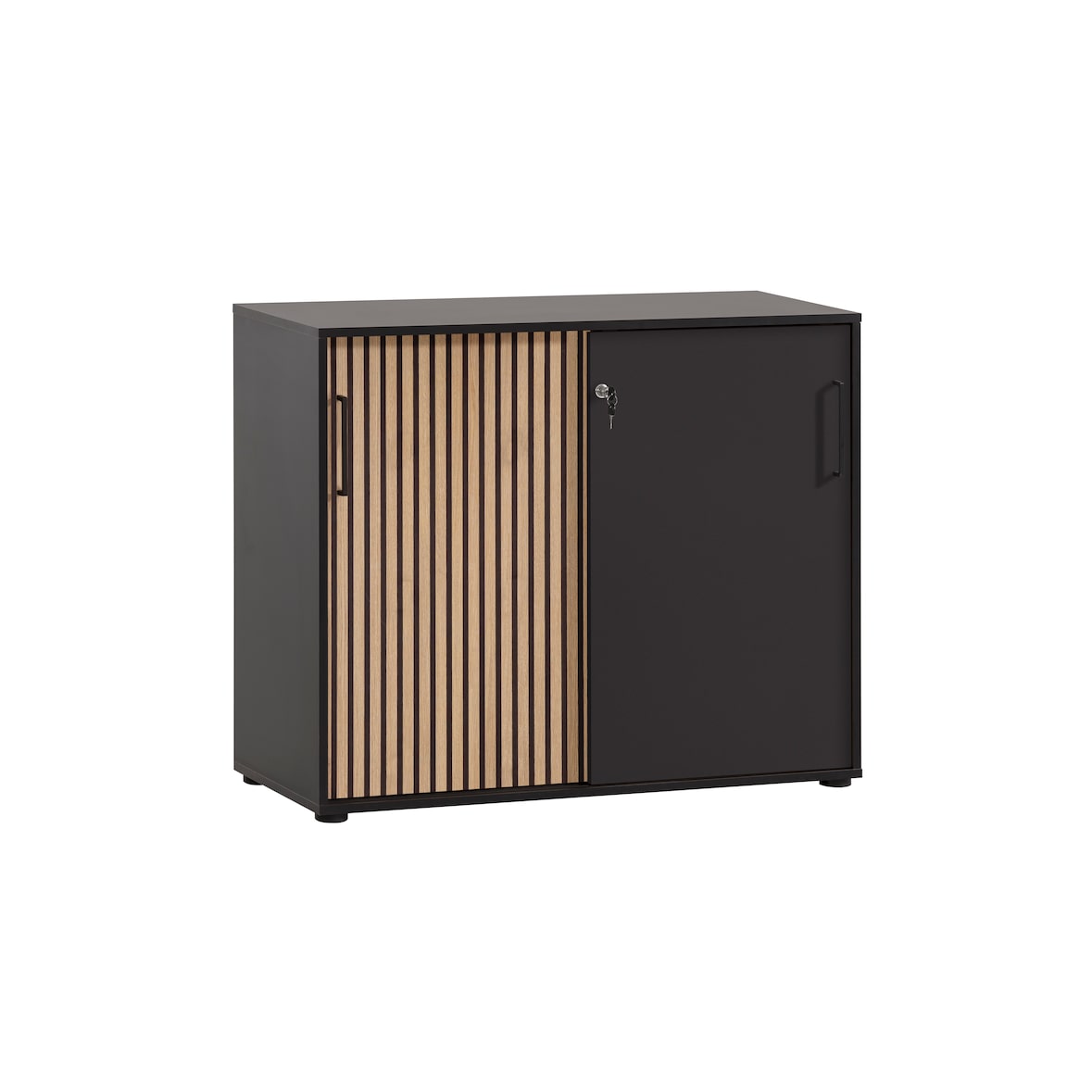 Möbelpartner Aktenschrank Raven | Large | HxBxT 84x100x41cm | 2 Fächern & 2 abschließbare Schiebetüren | Akustikpaneele Eiche/Schwarz von PROREGAL