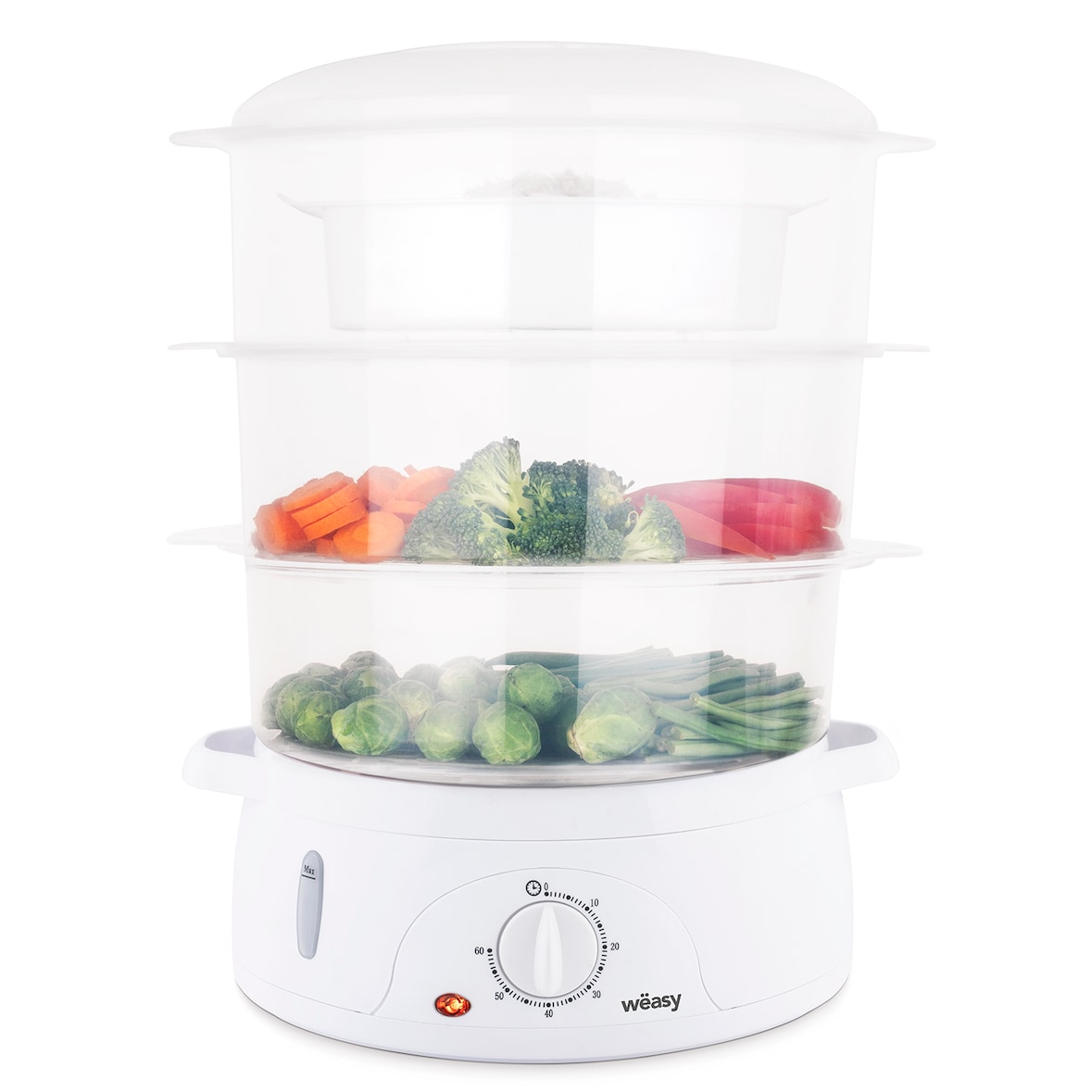 Wëasy Elektrischer Dampfgarer VEGE8 Multifunktions, 3 stapelbare Schalen zum Kochen von Eiern, Gemüse, Fleisch, Fisch, Rizkocher