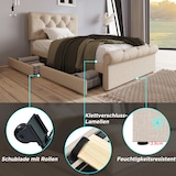 thumbnail of Polsterbett 90x200 cm mit Stauraum, 2 Schubladen und höhenverstellbarem Kopfteil – Chesterfield-Design in Natur