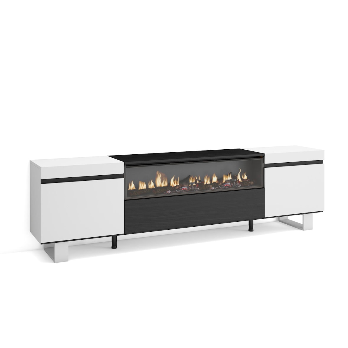 Móvel de TV, Muito espaço de arrumação, 200x35x57cm, Para televisores até 80", Lareira eléctrica, Estilo moderno, Branco e preto _ 50_22