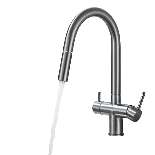 Jana | Grifo extensible premium de 3 vías gris titanio | de osmosis acero inoxidable cocina 360 grados | filtro 3 conexiones arco alto
