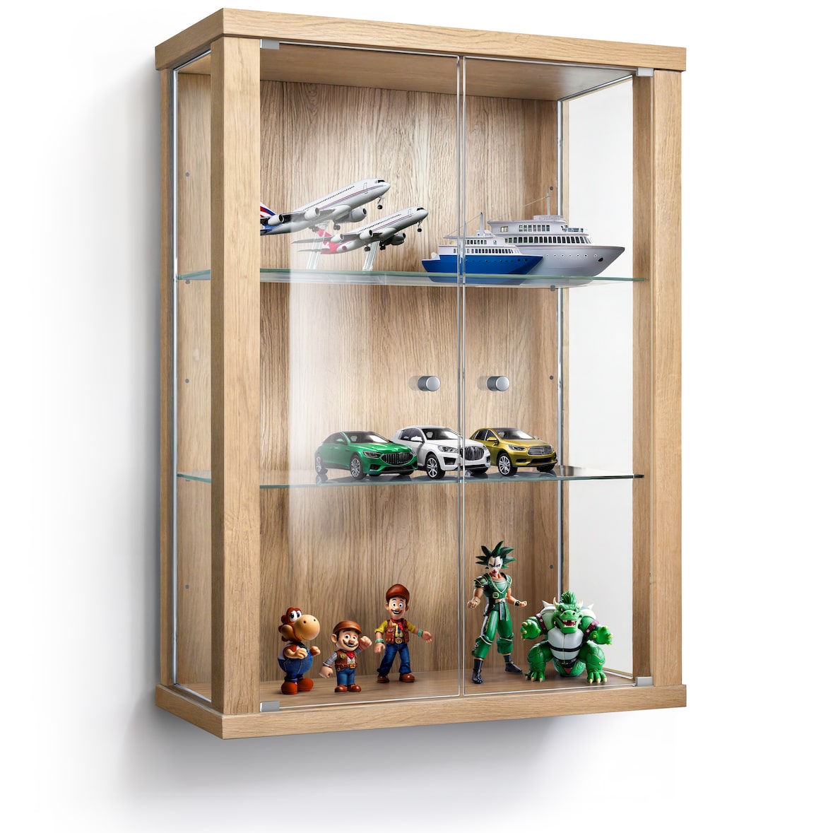 K-Möbel suspension vitrine en verre en hêtre (80x60x25 cm) avec 2 étagères en verre réglables en hauteur - modèle de voiture vitrine d'argent