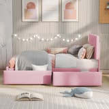 thumbnail of Merax Polsterbett 90 x 200 cm Bett mit Lattenrost, Rückenlehne und zwei Schubladen, hautfreundlicher Samtstoff Beige flaches Gästebett (Rosa)