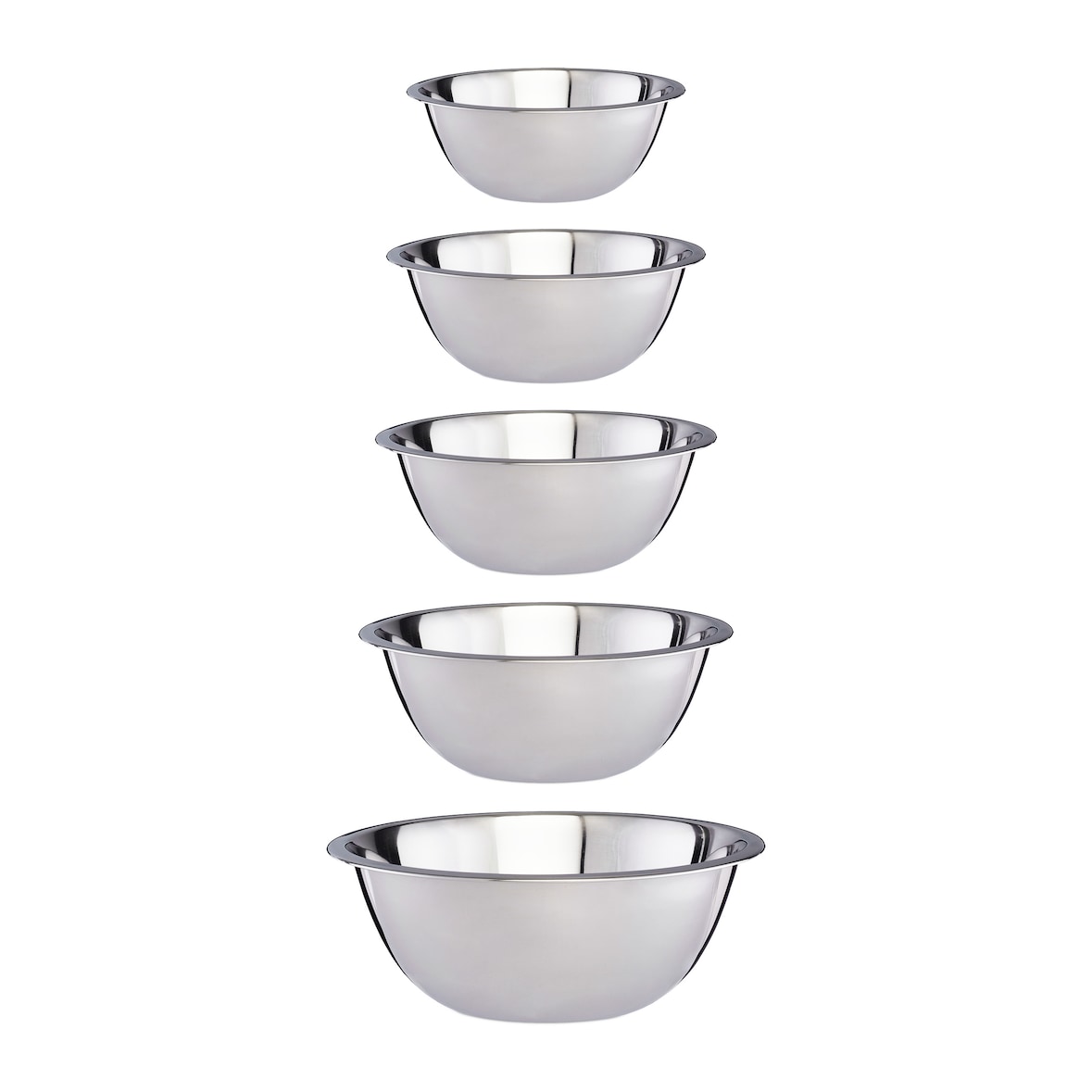 Relaxdays Rührschüssel Set, 5-teilig, Edelstahl, Schüsselset zum Backen und Servieren, stapelbar, Salatschüssel, silber