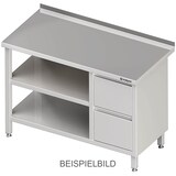 thumbnail of Stalgast Edelstahl Arbeitstisch mit Grund- und Zwischenboden, 1300x600x850 mm, mit 2er Schubladenblock links, ohne Aufkantung, verschweißt
