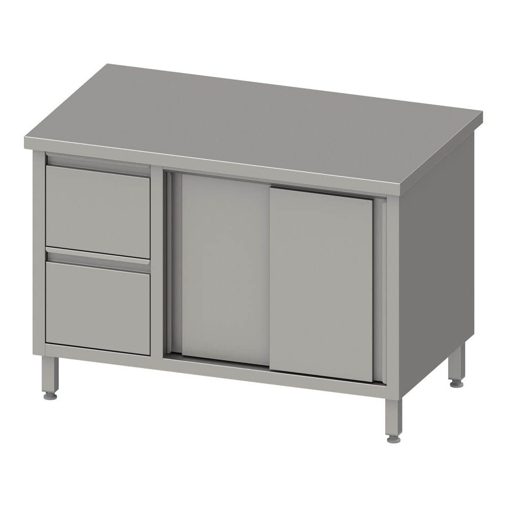 Stalgast Edelstahl Arbeitsschrank mit Schiebetüren, 1500x600x850 mm, mit 2er Schubladenblock links, ohne Aufkantung, verschweißt