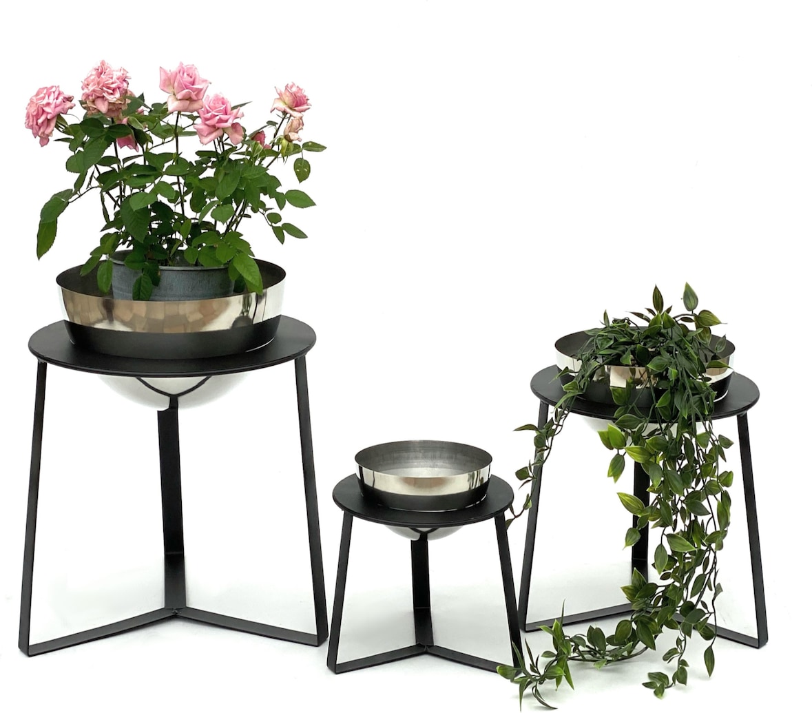 DanDiBo Blumenhocker Metall mit Topf Schwarz Silber Blumenständer 96091 3er Set Blumensäule Modern Pflanzenständer Pflanzenhocker