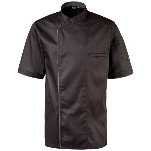 224 - Kochjacke halbarm, Druckknöpfe, Fb. schwarz mit farbiger Paspel : graphit 65% Polyester 35%Baumwolle 220 g/m² S