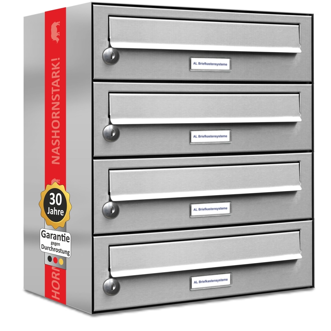 AL Briefkastensysteme 4 Fächer Premium Edelstahl Wand Briefkasten Anlage für Post A4, modern, robust und wetterfest, Artikelnummer: 132T4EA1