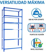 thumbnail of SimonRack Estantería Metálica, 2500x900x400 mm, 6 Alturas, Bandeja Metal, 180 kg de Punto Flexión, Azul/Blanco - Simonclick
