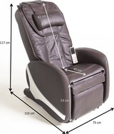 Ein brauner Massagesessel mit Abmessungen.