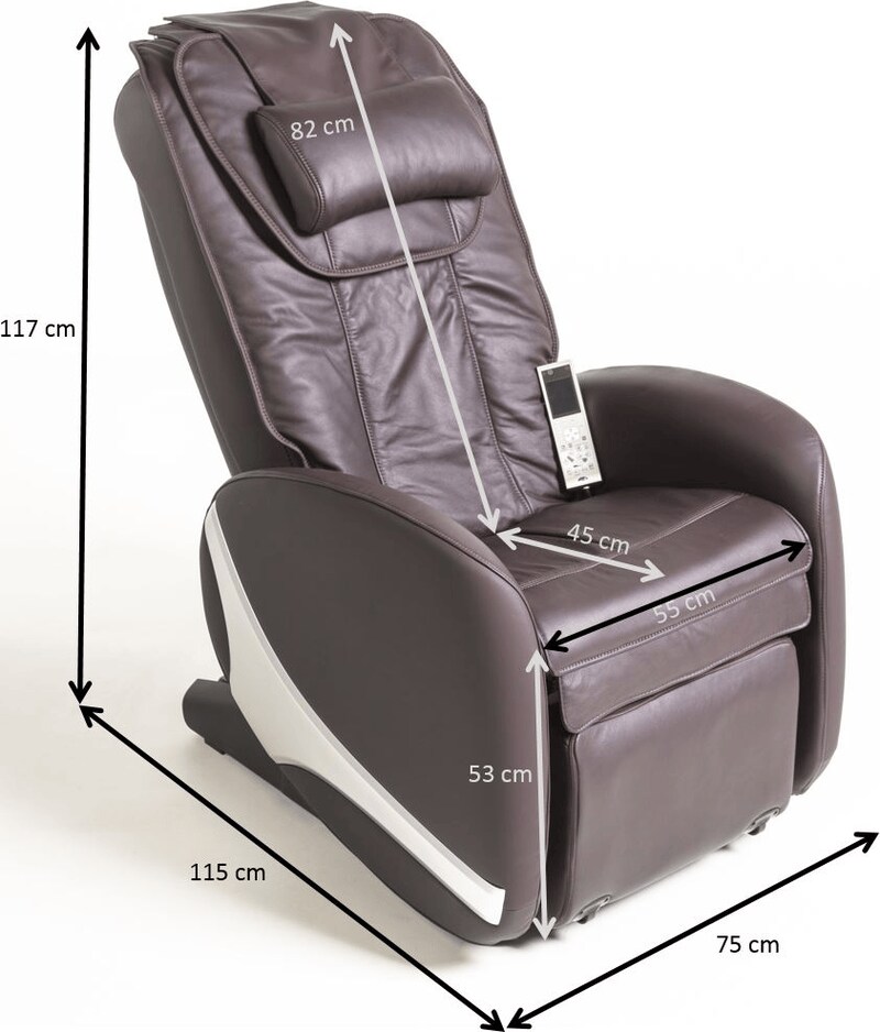 Ein brauner Massagesessel mit Abmessungen.