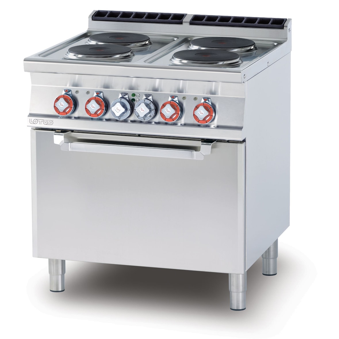 Cucina elettrica 4 piastre tonde con forno elettrico ventilato GN1/1. Struttura in acciaio Inox. Misure 80x70,5 h90 cm. Modello CFV4-78ET