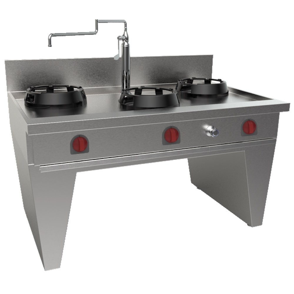 EURAST - Wok refrigerato con 3 fuochi a gas 2 supporti, 1 colonna d'acqua - 1500x900x850 mm - 49 Kw - 32159DEM