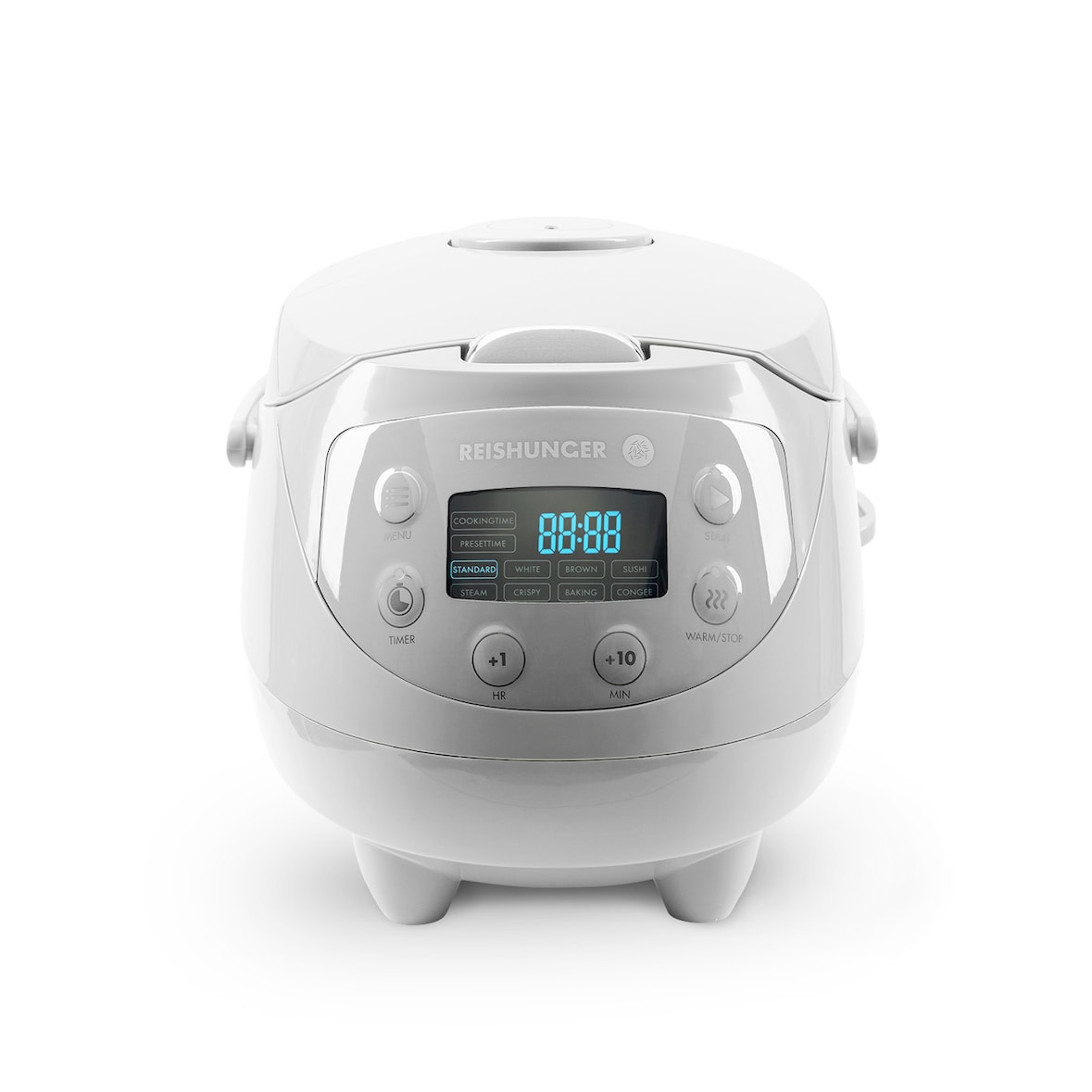 Reishunger Digitaler Mini Reiskocher und Dampfgarer, Grau - Timer - kleiner Multikocher, 8 Programme, 7-Phasen-Kochtechnologie, 1-3 Personen