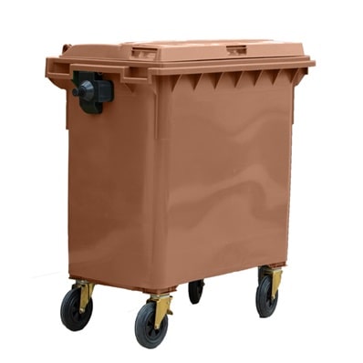 Contenedor para desperdicios con tapa plana y ruedas. Marron 800l.