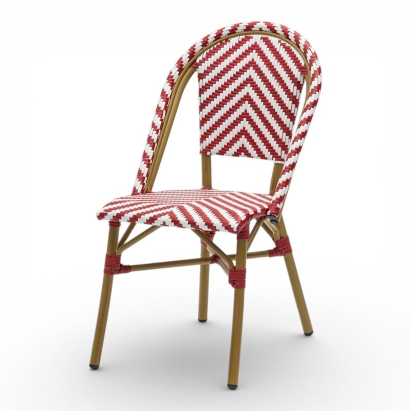 RIVOLI Chaise terrasse aluminium polyéthylène tressé 89x47x59 bistrot extérieur chevrons rouges blancs