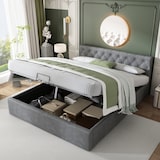 thumbnail of Polsterbett 140x200 Grau mit Hydraulikfunktion, Samtstoff, elegantes Bett mit Stauraum,Knopfoptik, Doppelbett für kleine Schlafzimmer, Boxspring Optik