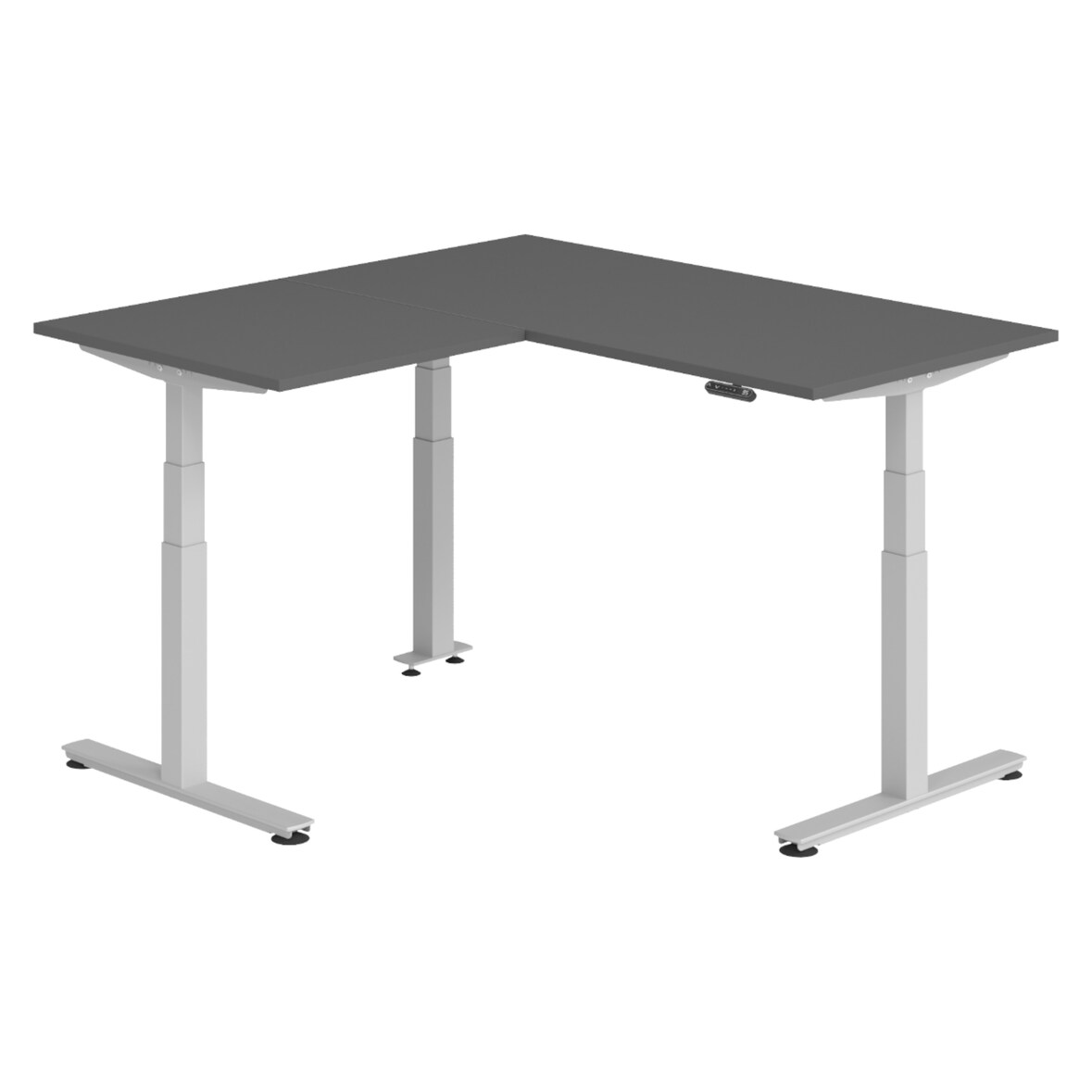 bümö Eckschreibtisch elektrisch höhenverstellbar L-Form: 160 x 160 cm in graphit, Gestell silber - Stehschreibtisch mit Memory-Steuerung,