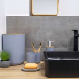 thumbnail of Badezimmer Zubehör Set aus Bambus Kunststoff in Grau - 6 teiliges Set Zahnputzbecher Seifenschale Seifenspender Toilettenbürste Halterung Mülleimer