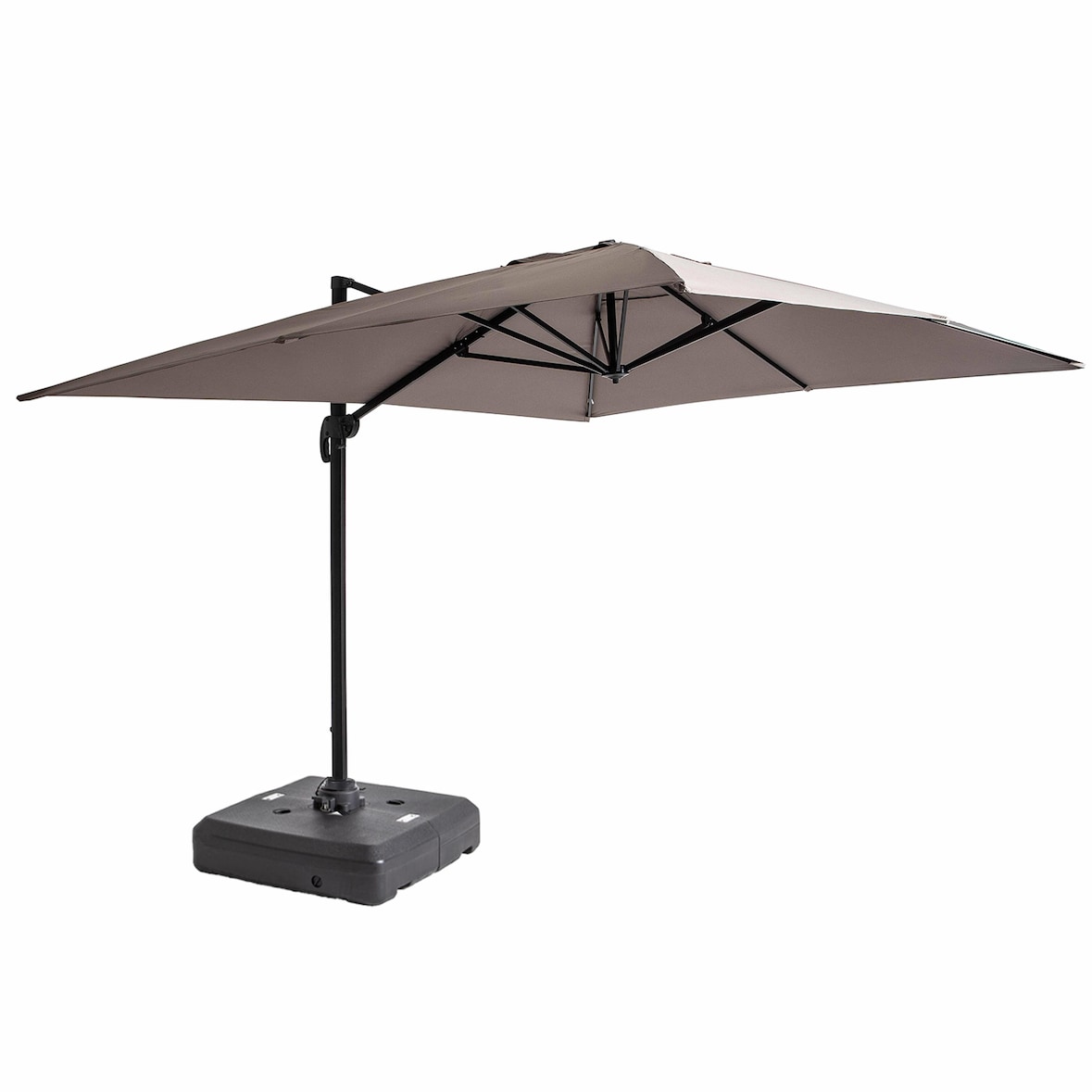 Parasol déporté 3x4m et dalle à lester sur roues aluminium taupe