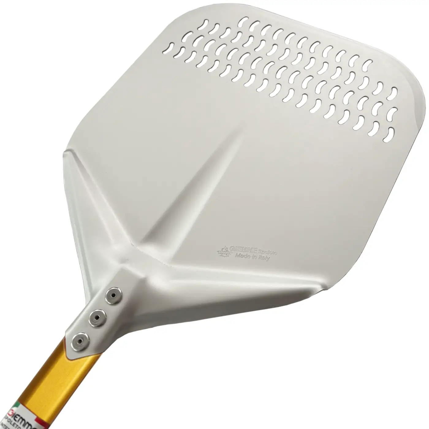 Giemme Spoleto - Pala per pizza forata in alluminio anodizzato - Ø 30 cm - manico color oro con gancetto